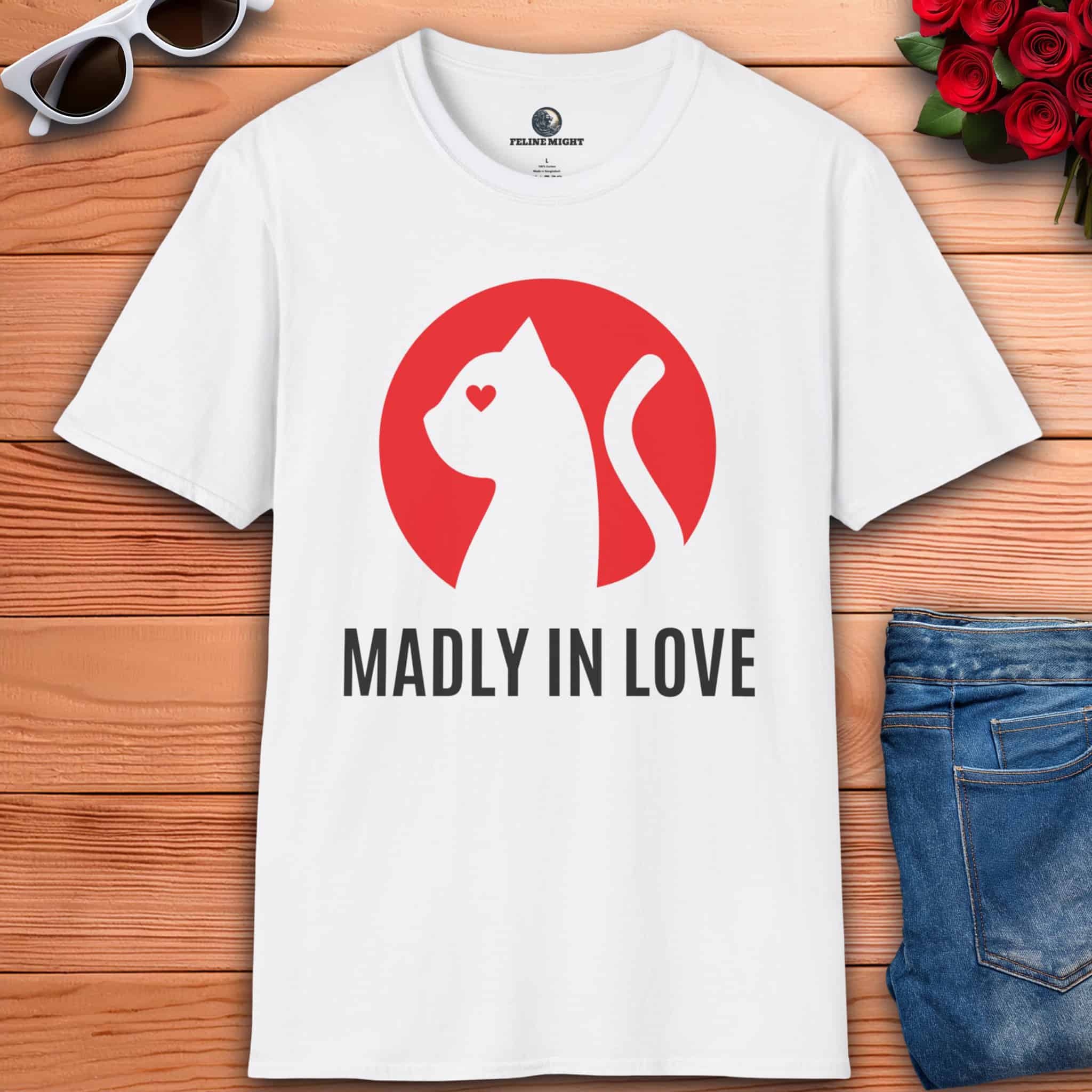 A white Madly in Love Cat T-Shirt featuring a cat silhouette on a red circle, perfect romantic gift for cat lovers.
