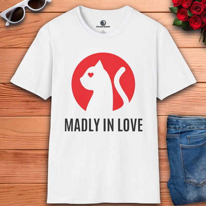 A white Madly in Love Cat T-Shirt featuring a cat silhouette on a red circle, perfect romantic gift for cat lovers.