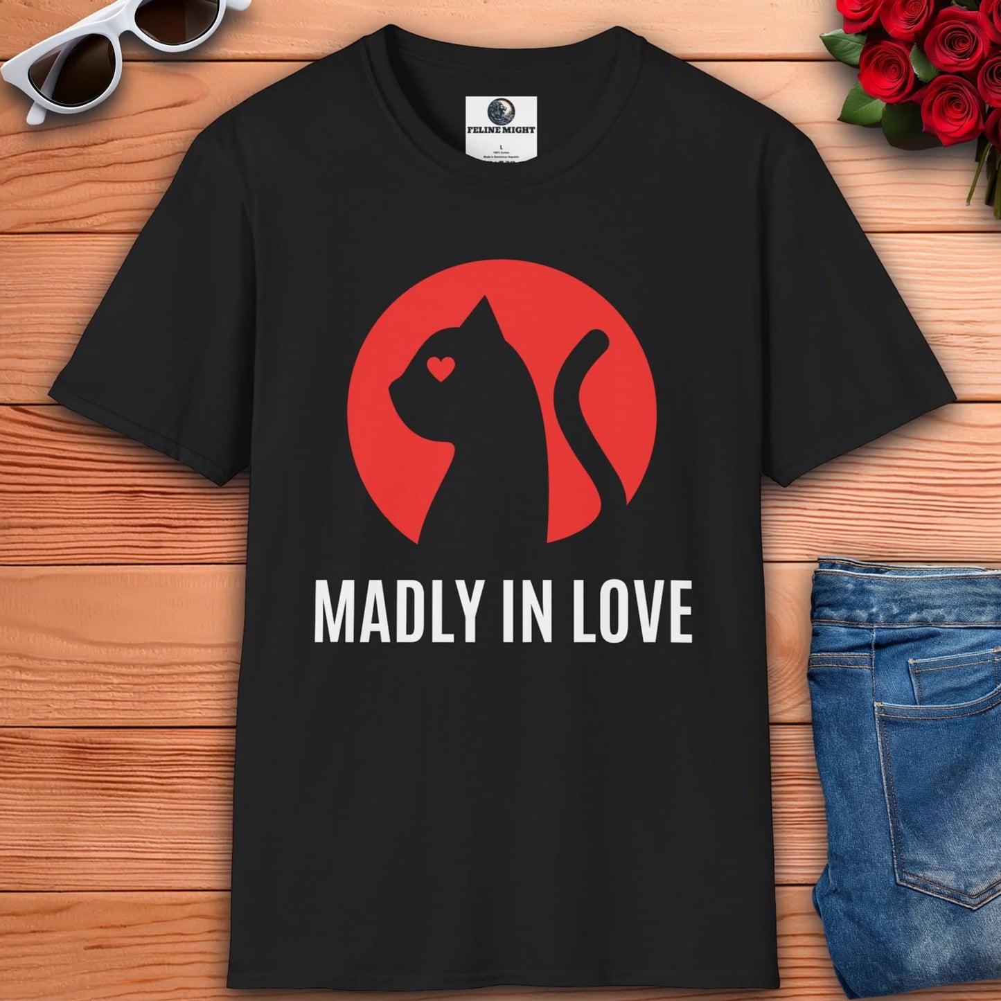 Black t-shirt with 'Madly in Love' and a cat silhouette design