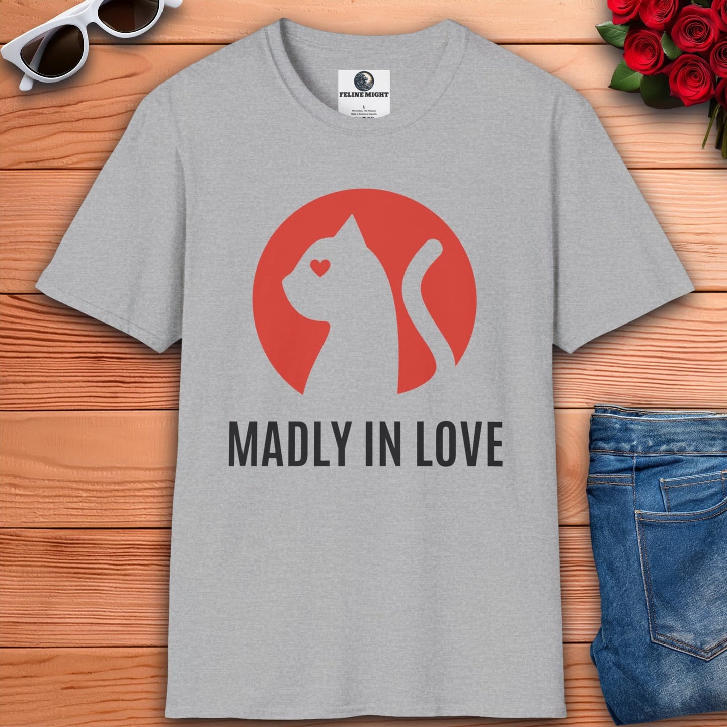 Grey t-shirt with 'Madly in Love' and a cat silhouette design