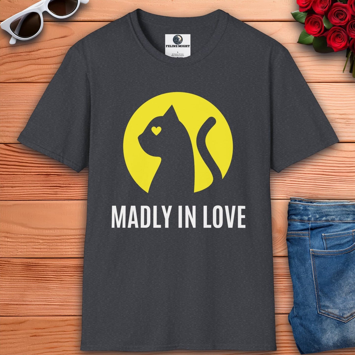 Dark heather grey t-shirt with 'Madly in Love' and a cat silhouette design