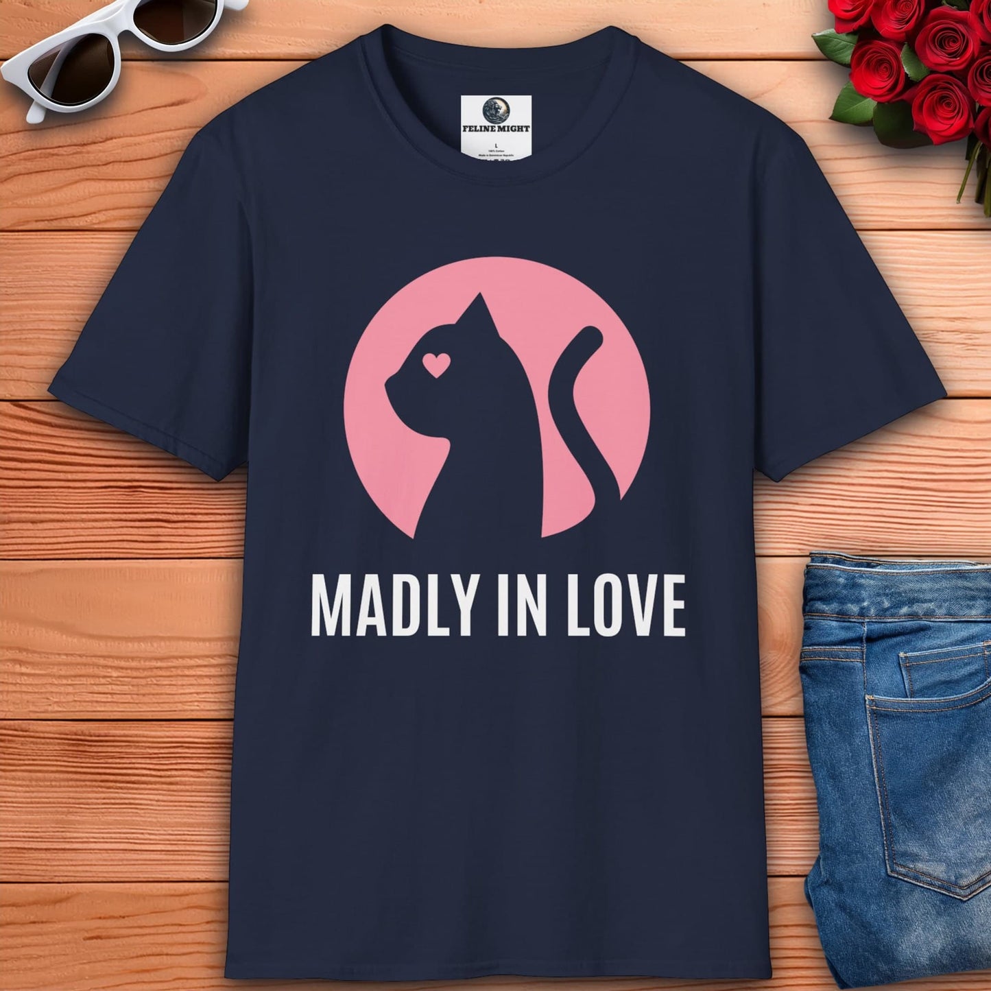 Navy blue t-shirt with 'Madly in Love' and a cat silhouette design