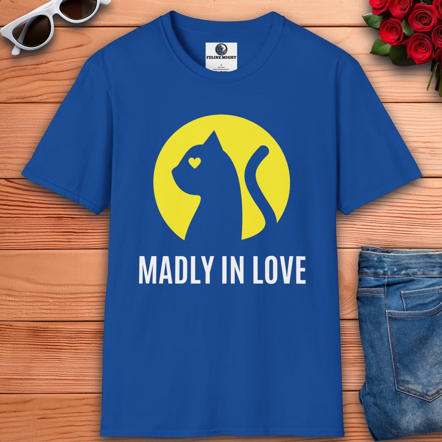 Royal blue t-shirt with 'Madly in Love' and a cat silhouette design