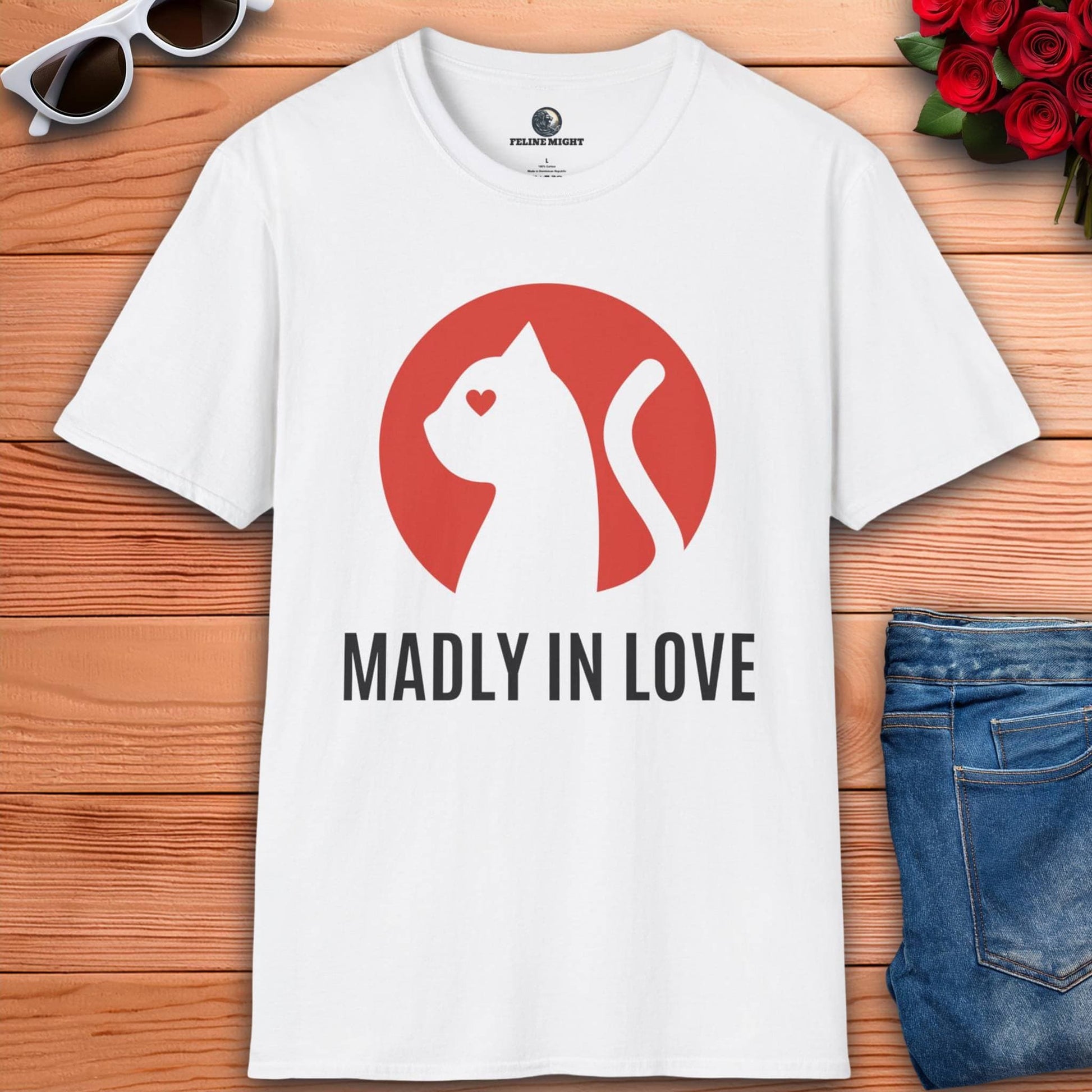 White t-shirt with 'Madly in Love' and a cat silhouette design