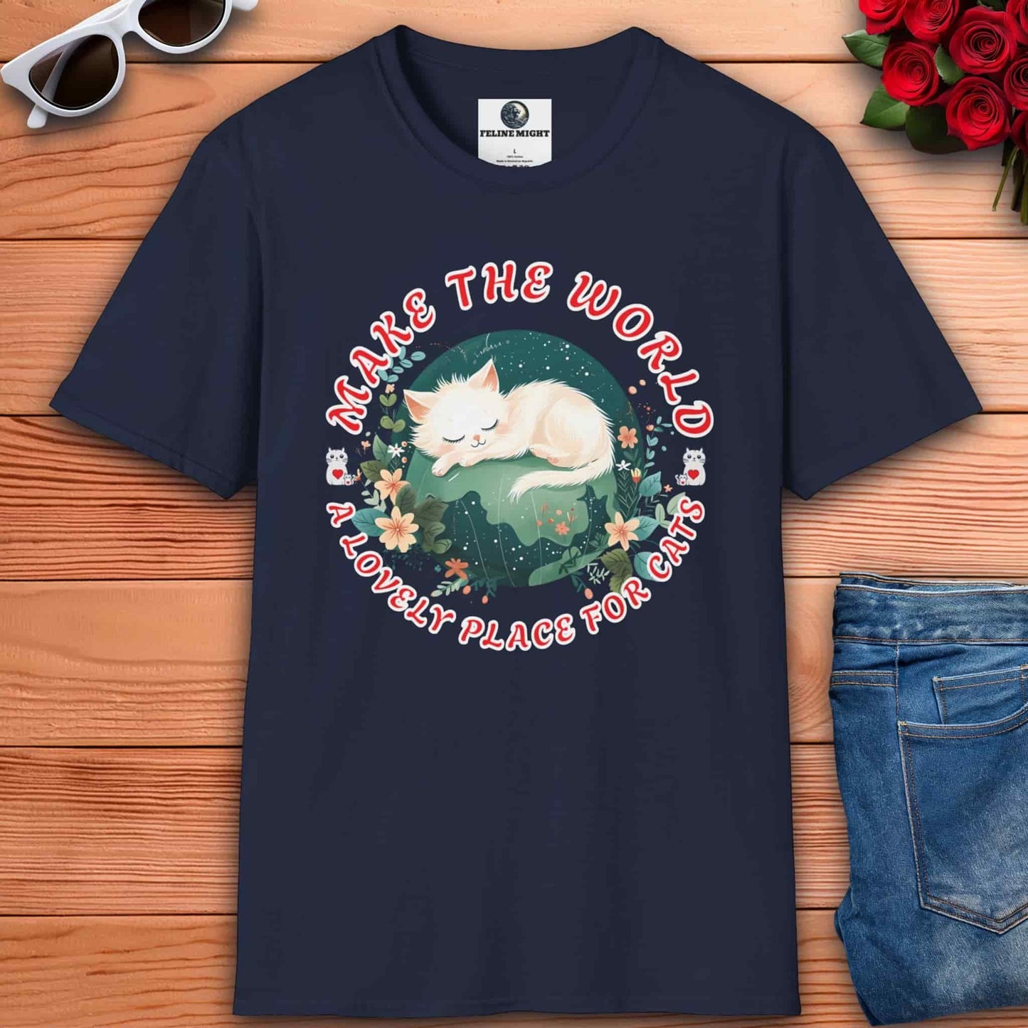 Navy blue t-shirt with a sleeping white cat design and the text 'Make the World a Lovely Place for Cats'