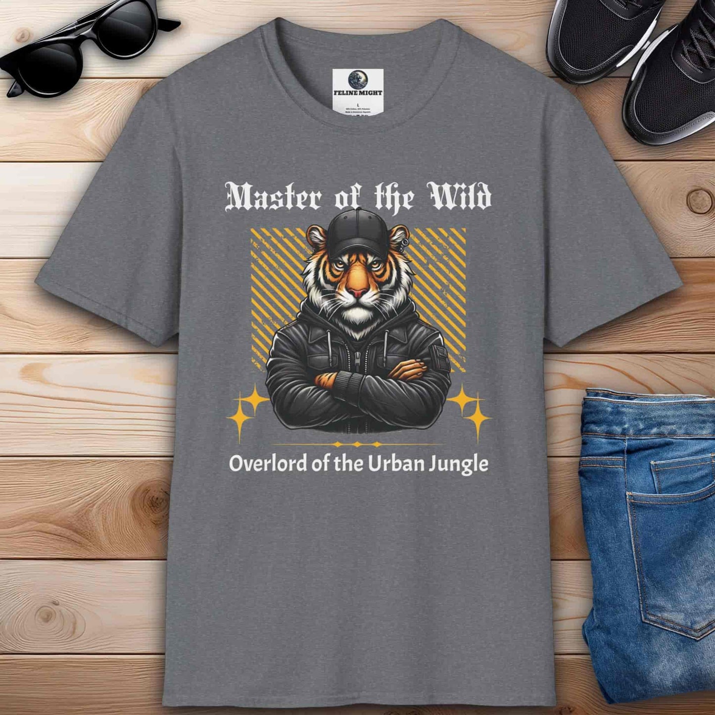 Athletic heather grey t-shirt featuring a tiger wearing a cap and jacket with the text 'Master of the Wild' and 'Overlord of the Urban Jungle'.