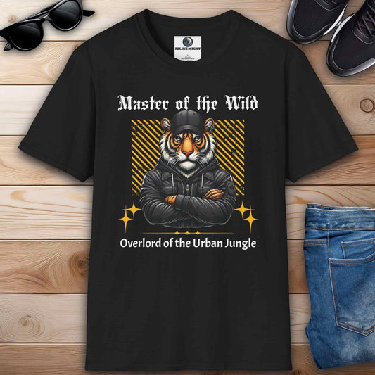 Black t-shirt featuring a tiger wearing a cap and jacket with the text 'Master of the Wild' and 'Overlord of the Urban Jungle'.