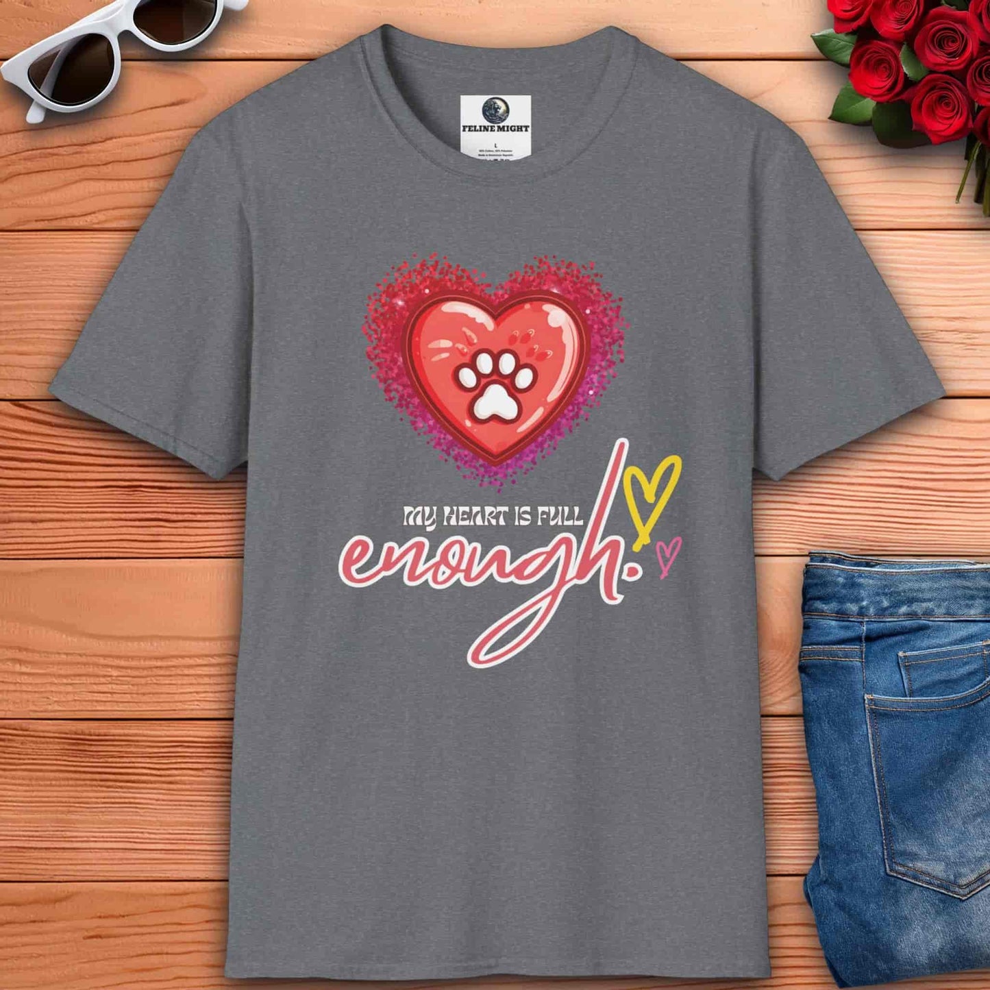 A charming athletic heather grey t-shirt with a heart and paw print that reads "My Heart is Full Enough," perfect for celebrating love and happiness.