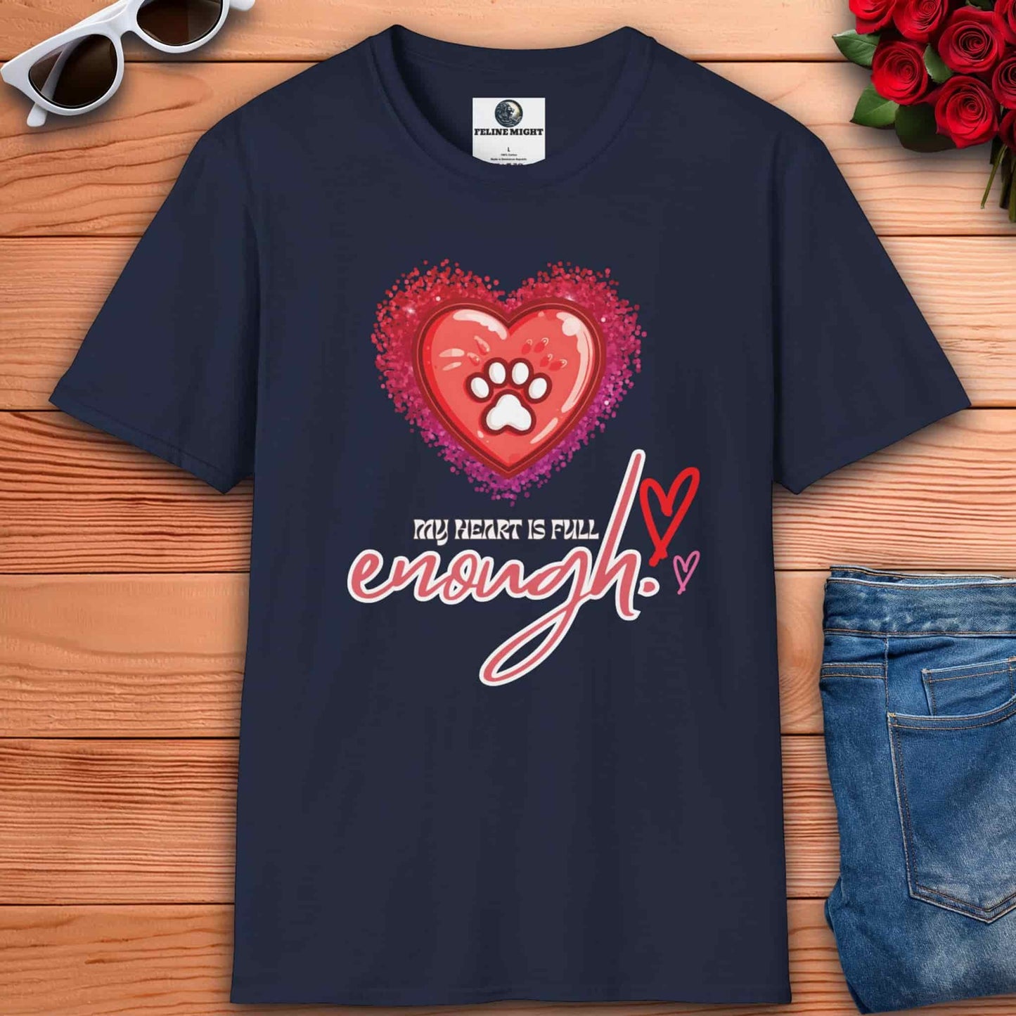 A charming navy blue t-shirt with a heart and paw print that reads "My Heart is Full Enough," perfect for celebrating love and happiness.