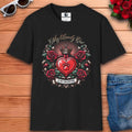 Black t-shirt with a heart design and roses, featuring the text 'My Lovely Cat Is My Valentine'