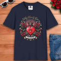 Navy blue t-shirt with a heart design and roses, featuring the text 'My Lovely Cat Is My Valentine'
