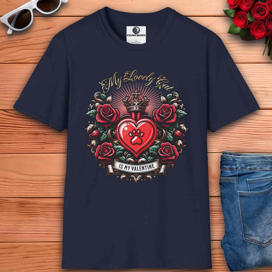 Navy blue t-shirt with a heart design and roses, featuring the text 'My Lovely Cat Is My Valentine'