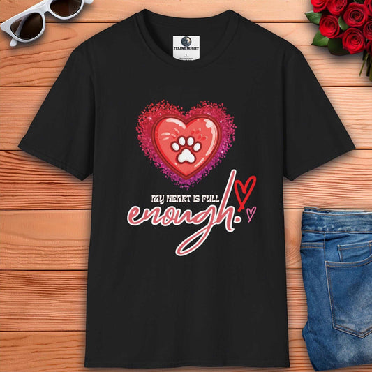 Black t-shirt with 'My Heart is Full' design featuring a heart and paw print