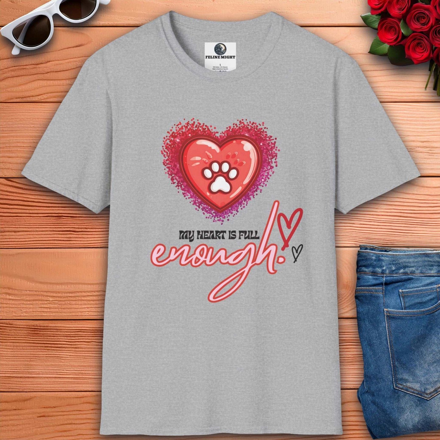 Grey t-shirt with 'My Heart is Full' design featuring a heart and paw print