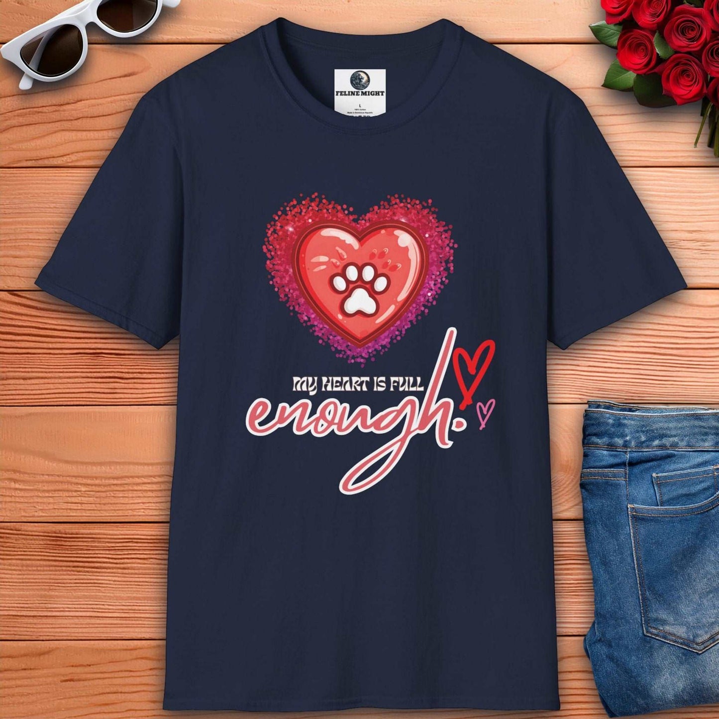 Navy blue t-shirt with 'My Heart is Full' design featuring a heart and paw print