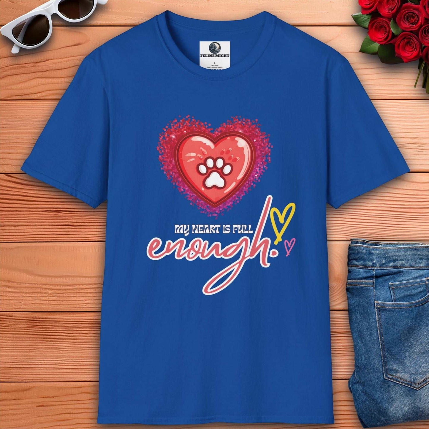 Royal blue t-shirt with 'My Heart is Full' design featuring a heart and paw print