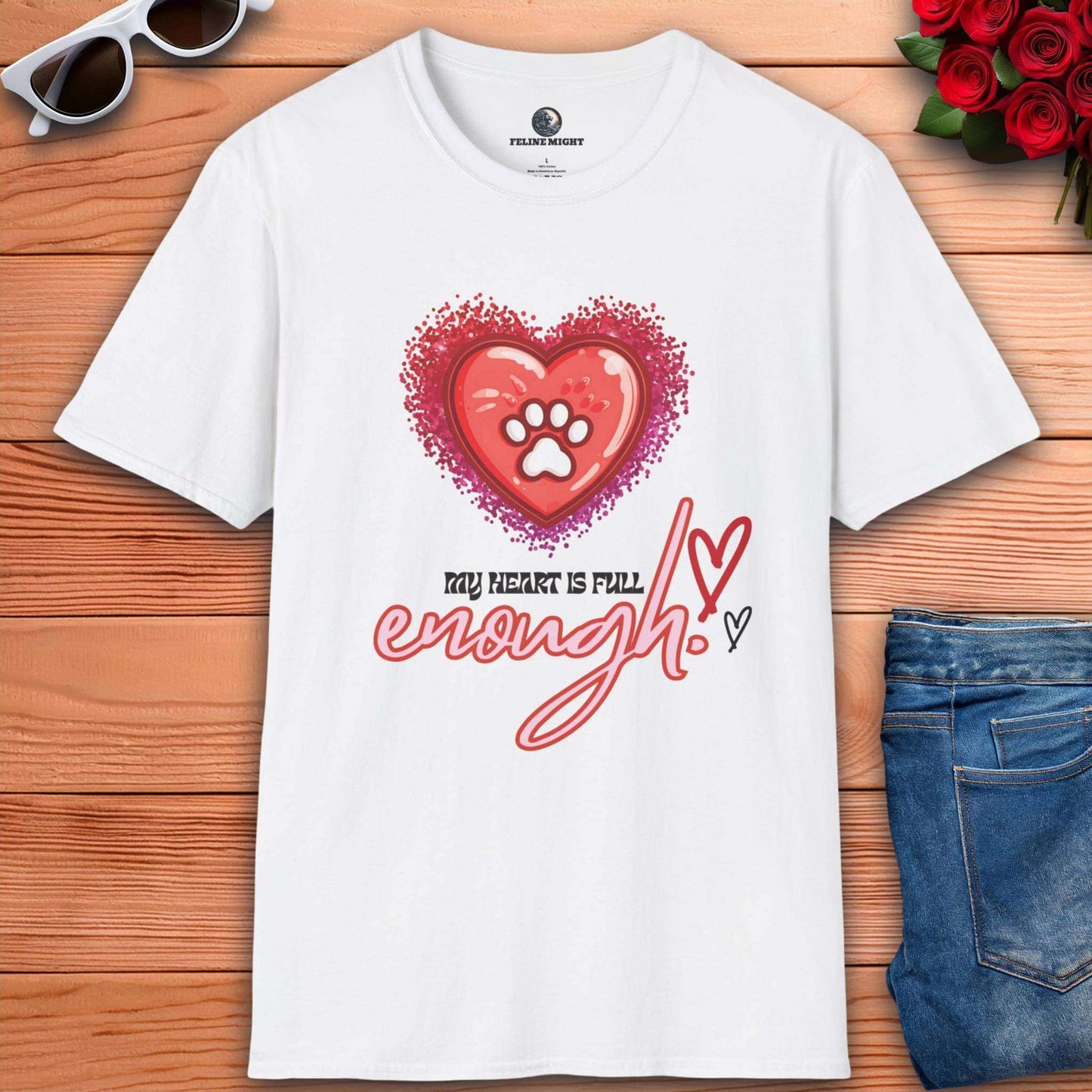 White t-shirt with 'My Heart is Full' design featuring a heart and paw print