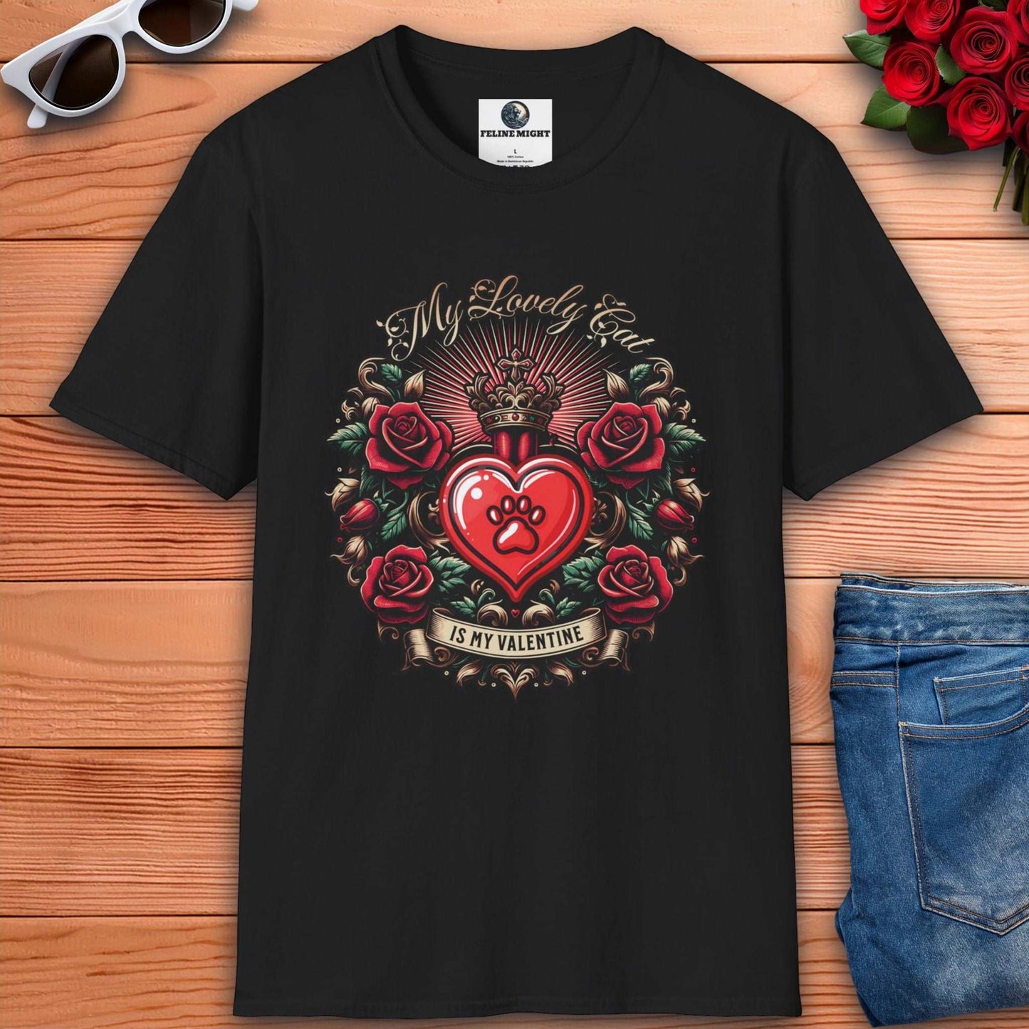 Black t-shirt with a heart design and roses, featuring the text 'My Lovely Cat Is My Valentine'