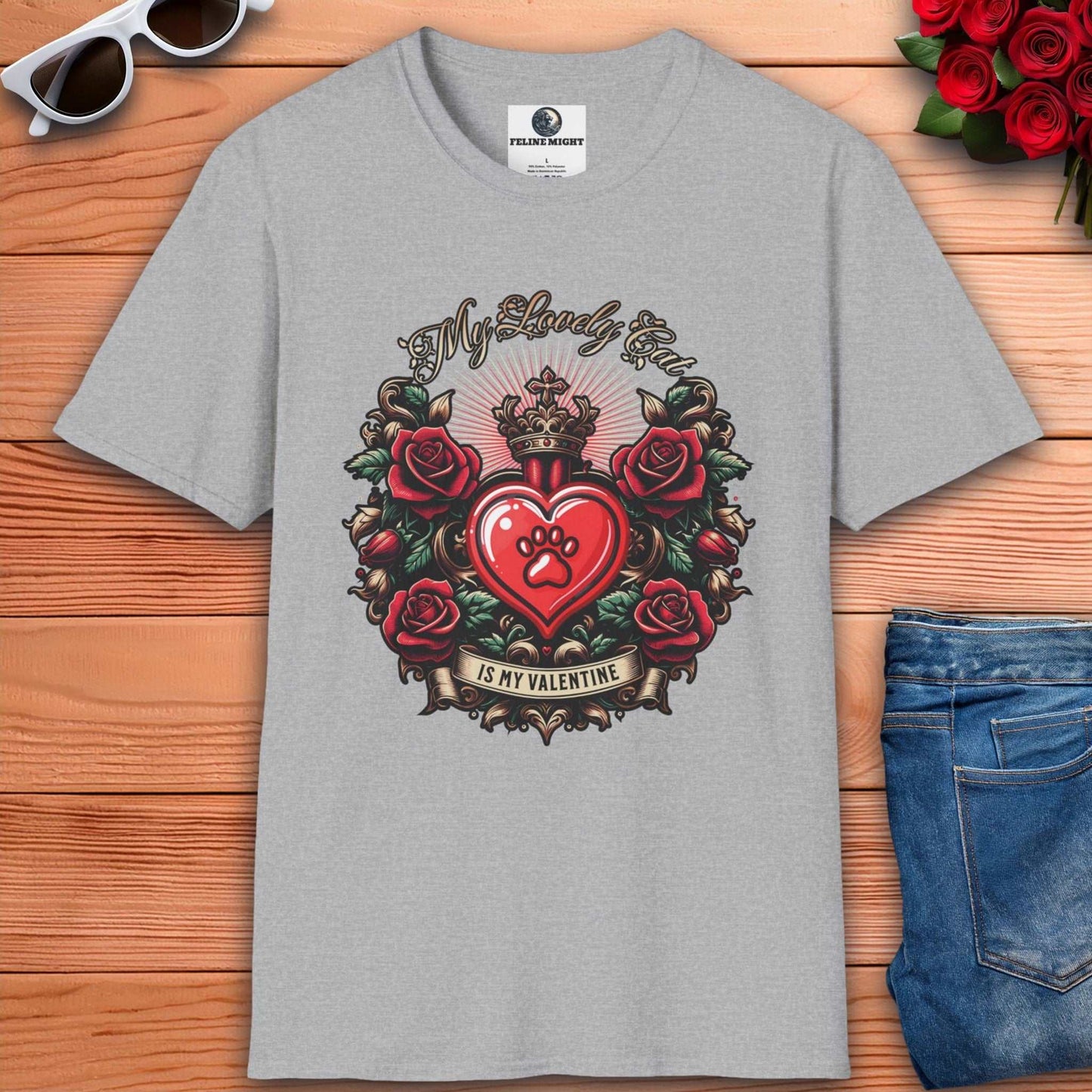 Grey t-shirt with a heart design and roses, featuring the text 'My Lovely Cat Is My Valentine'