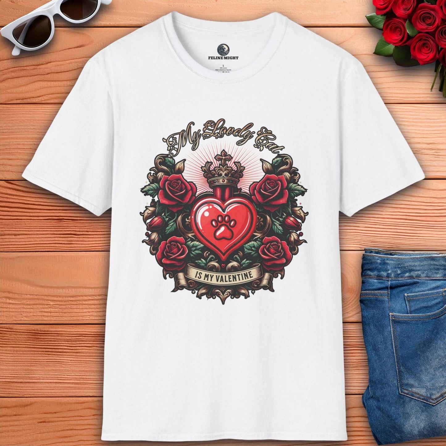 White t-shirt with a heart design and roses, featuring the text 'My Lovely Cat Is My Valentine'