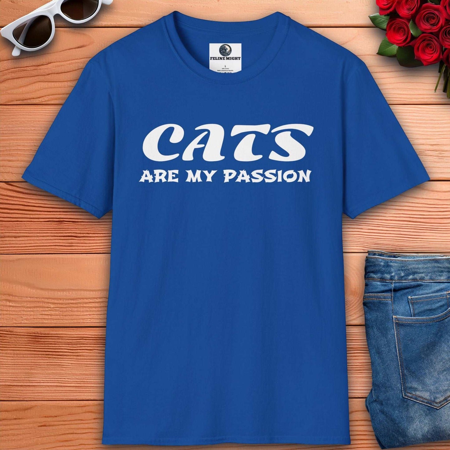 Stylish royal blue t-shirt with 'Cats Are My Passion' text design 