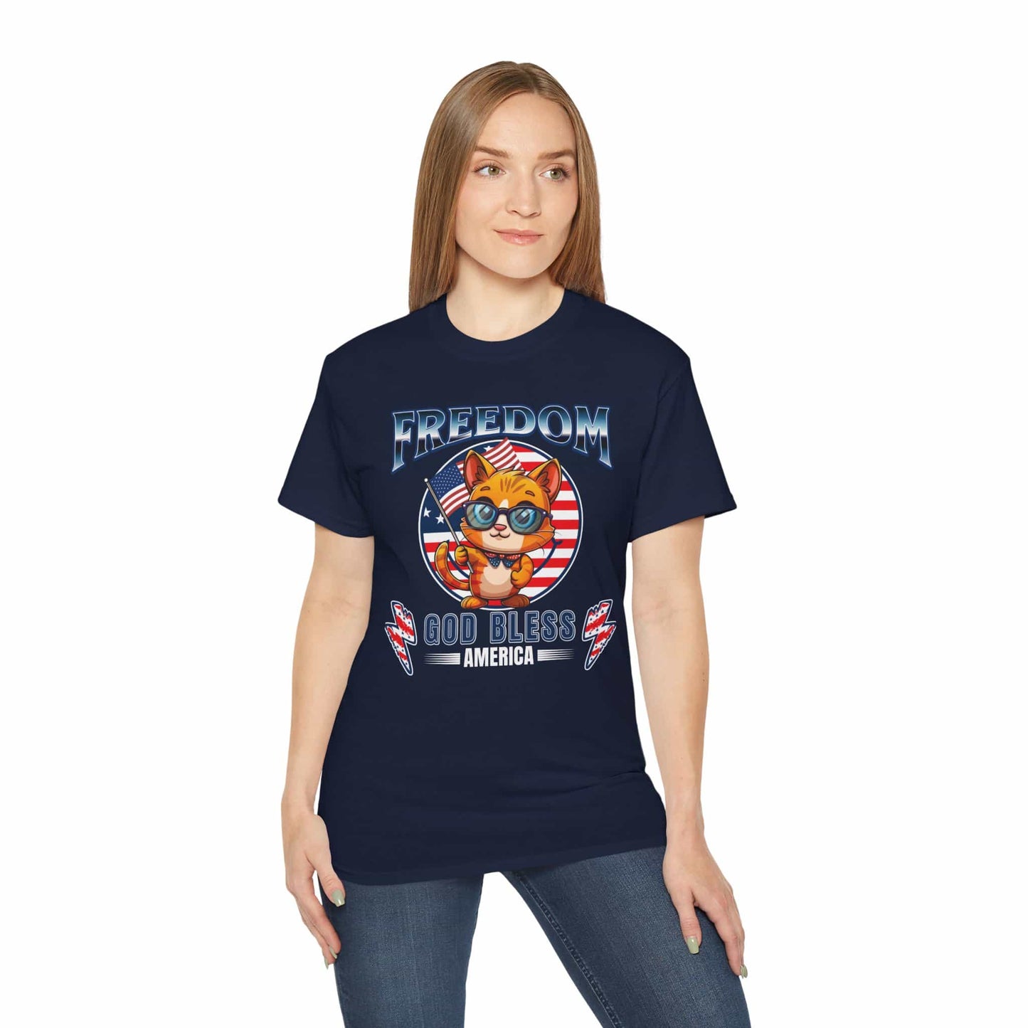 A navy blue Patriotic Cat Freedom T-Shirt worn by a woman, featuring a cat graphic celebrating freedom and American pride, on a white background.