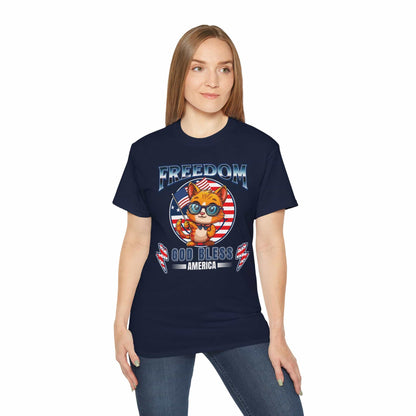 A navy blue Patriotic Cat Freedom T-Shirt worn by a woman, featuring a cat graphic celebrating freedom and American pride, on a white background.