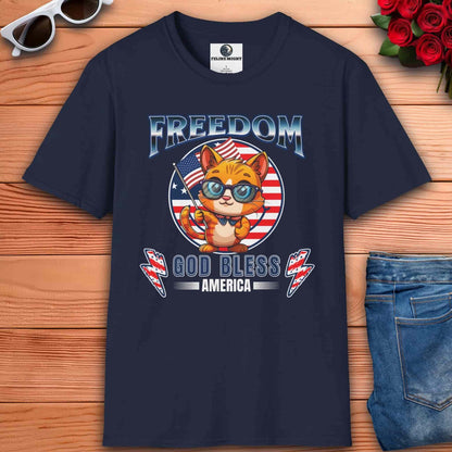 A navy blue Patriotic Cat Freedom T-Shirt featuring a cartoon cat with glasses and an American flag design, celebrating freedom and patriotism.