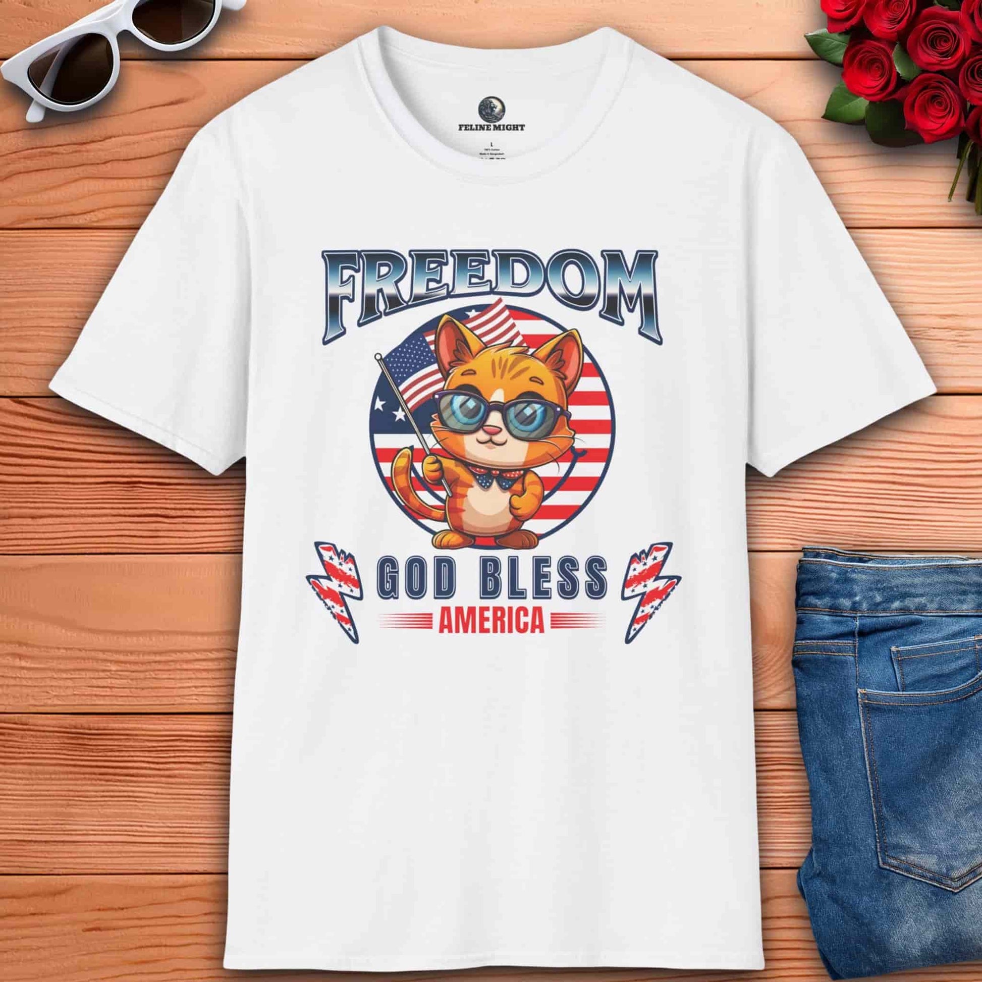 A white Patriotic Cat Freedom T-Shirt featuring a cartoon cat with glasses and an American flag design, celebrating freedom and patriotism.