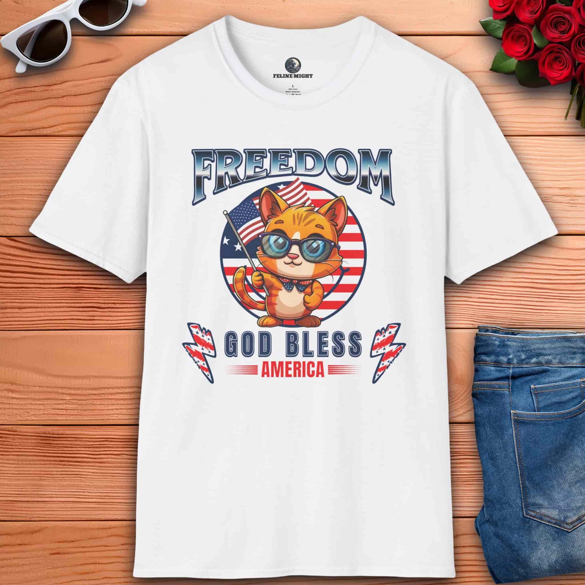 A white Freedom Cat Graphic T-Shirt featuring a cartoon cat with glasses and an American flag design, celebrating freedom and patriotism.