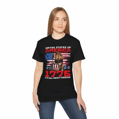 A woman wearing a black Patriotic Lion Freedom T-Shirt featuring a drum-playing lion and the American flag for national pride and freedom.