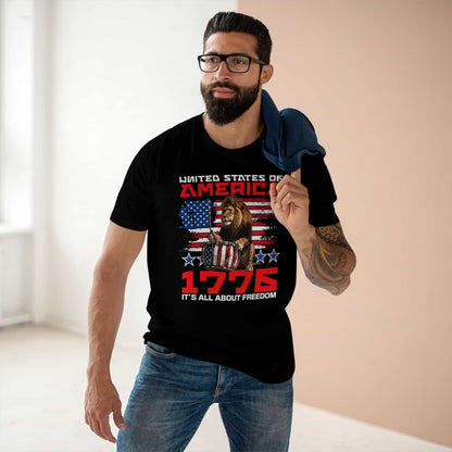 A man wearing a black Patriotic Lion Freedom T-Shirt featuring a drum-playing lion and the American flag for national pride and freedom.
