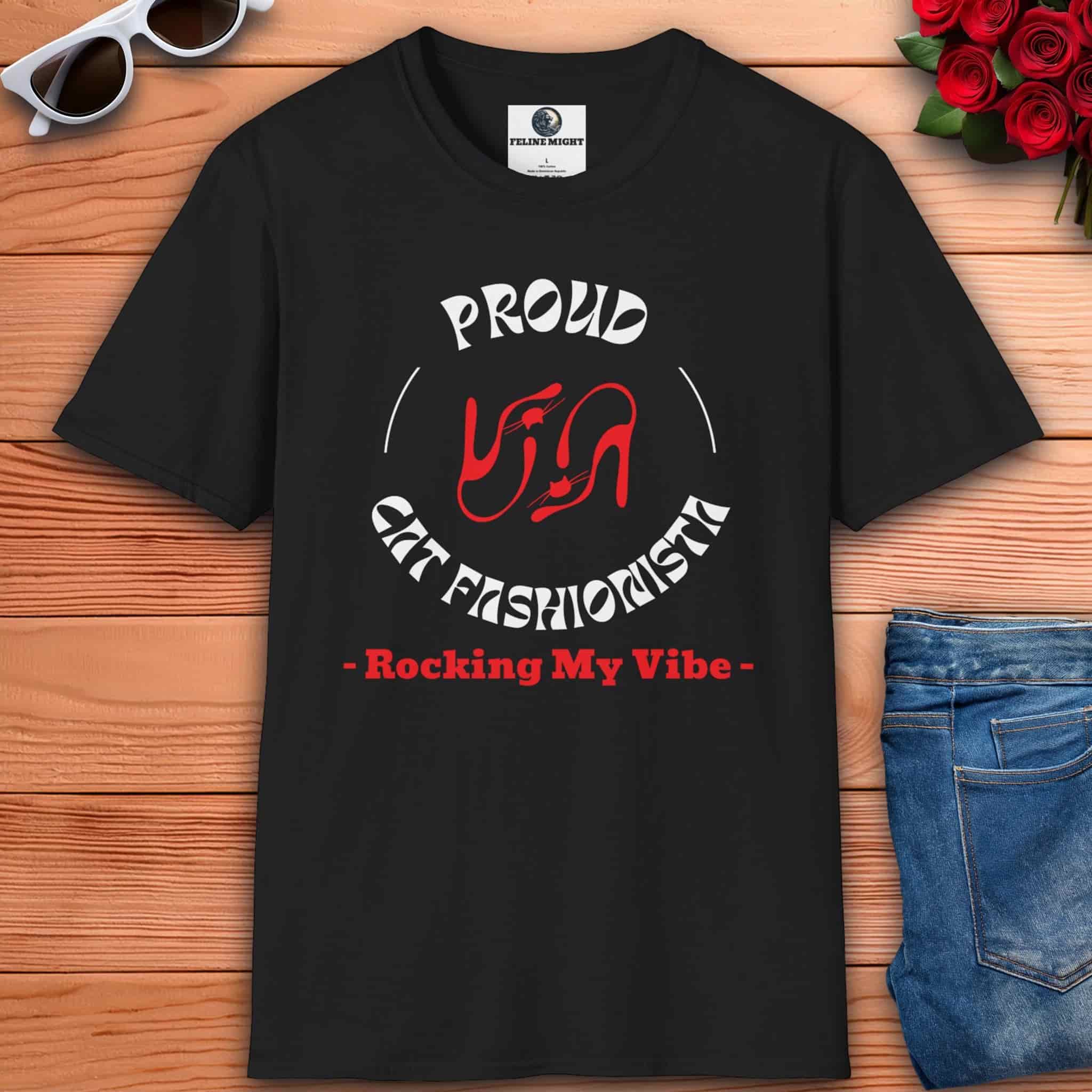 Black t-shirt with 'Proud Cat Fashionista – Rocking My Vibe' design and high heel graphics