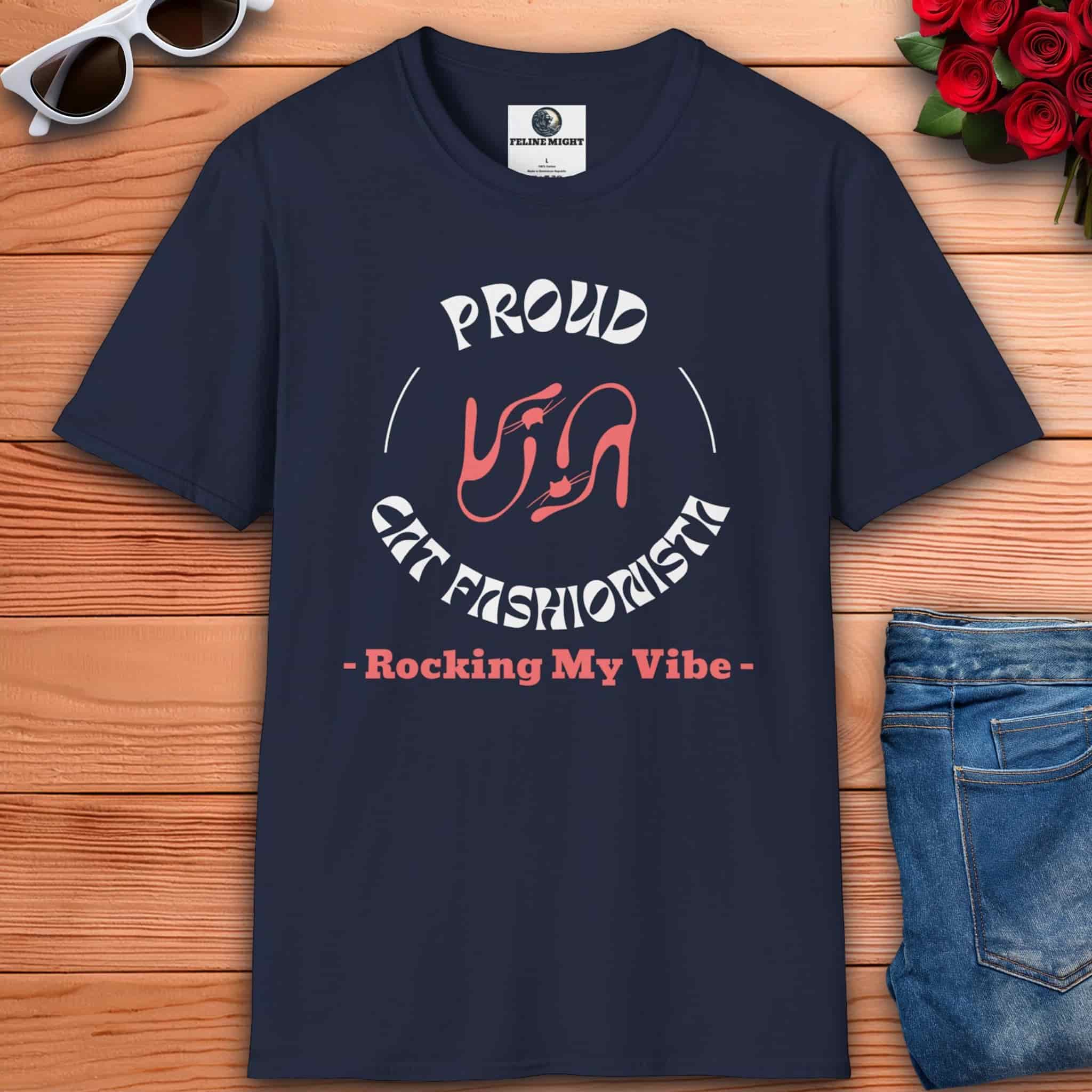Navy blue t-shirt with 'Proud Cat Fashionista – Rocking My Vibe' design and high heel graphics