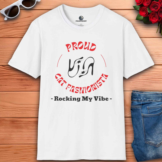 White t-shirt with 'Proud Cat Fashionista – Rocking My Vibe' design and high heel graphics