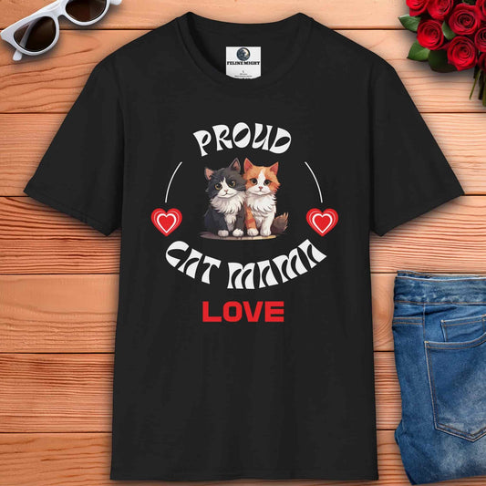 Black t-shirt with 'Proud Cat Mama' design featuring two cute cats and hearts