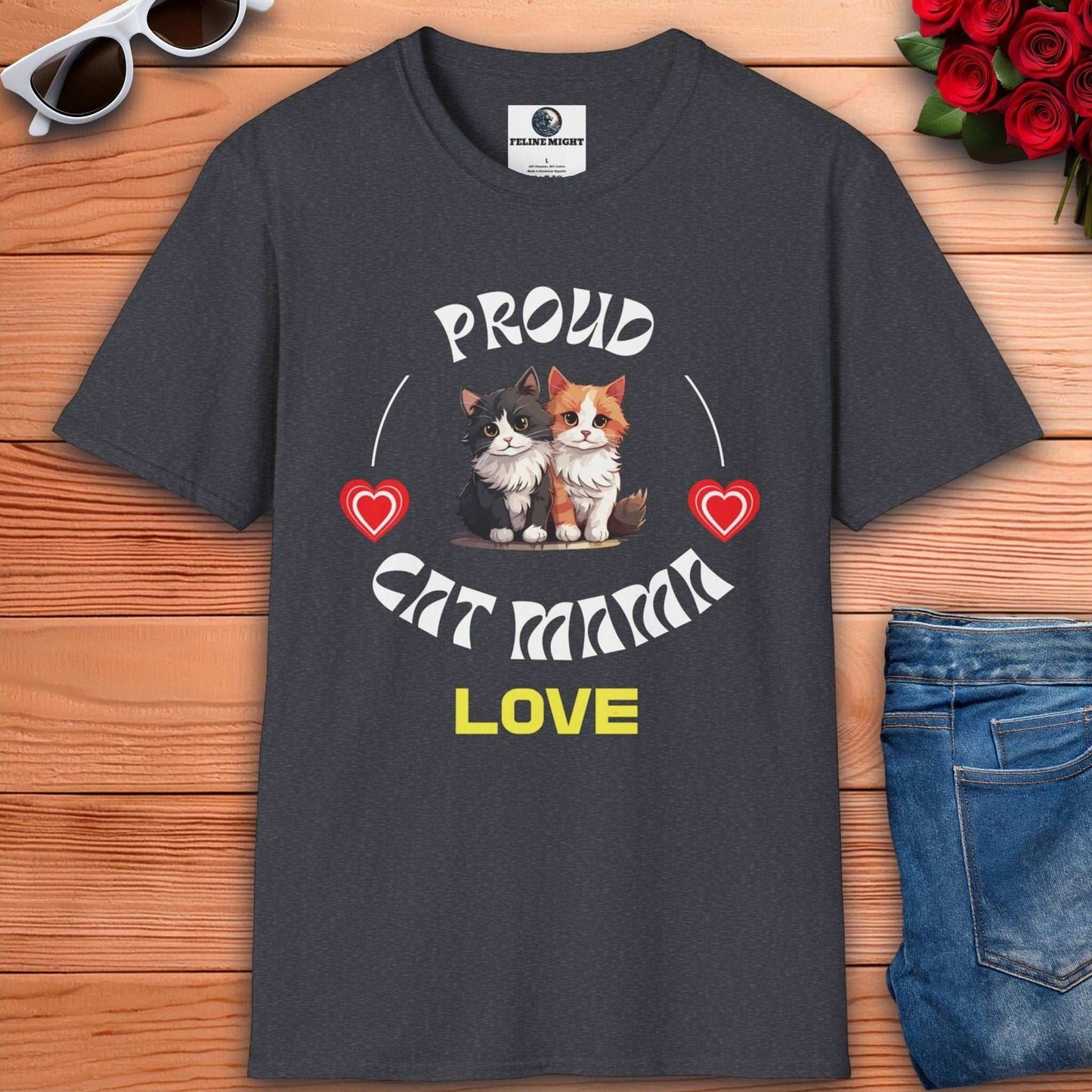 Dark heather grey t-shirt with 'Proud Cat Mama' design featuring two cute cats and hearts