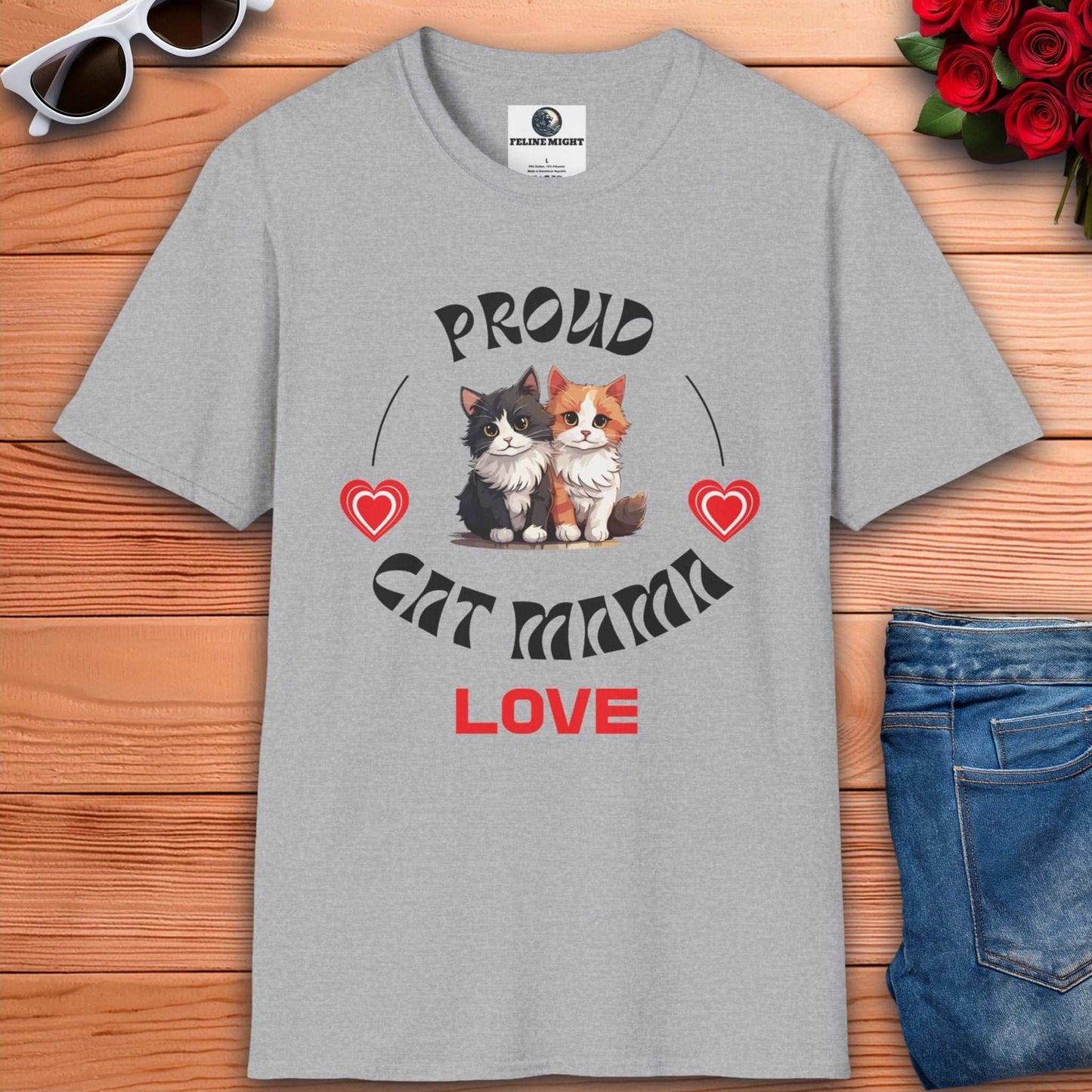 Grey t-shirt with 'Proud Cat Mama' design featuring two cute cats and hearts