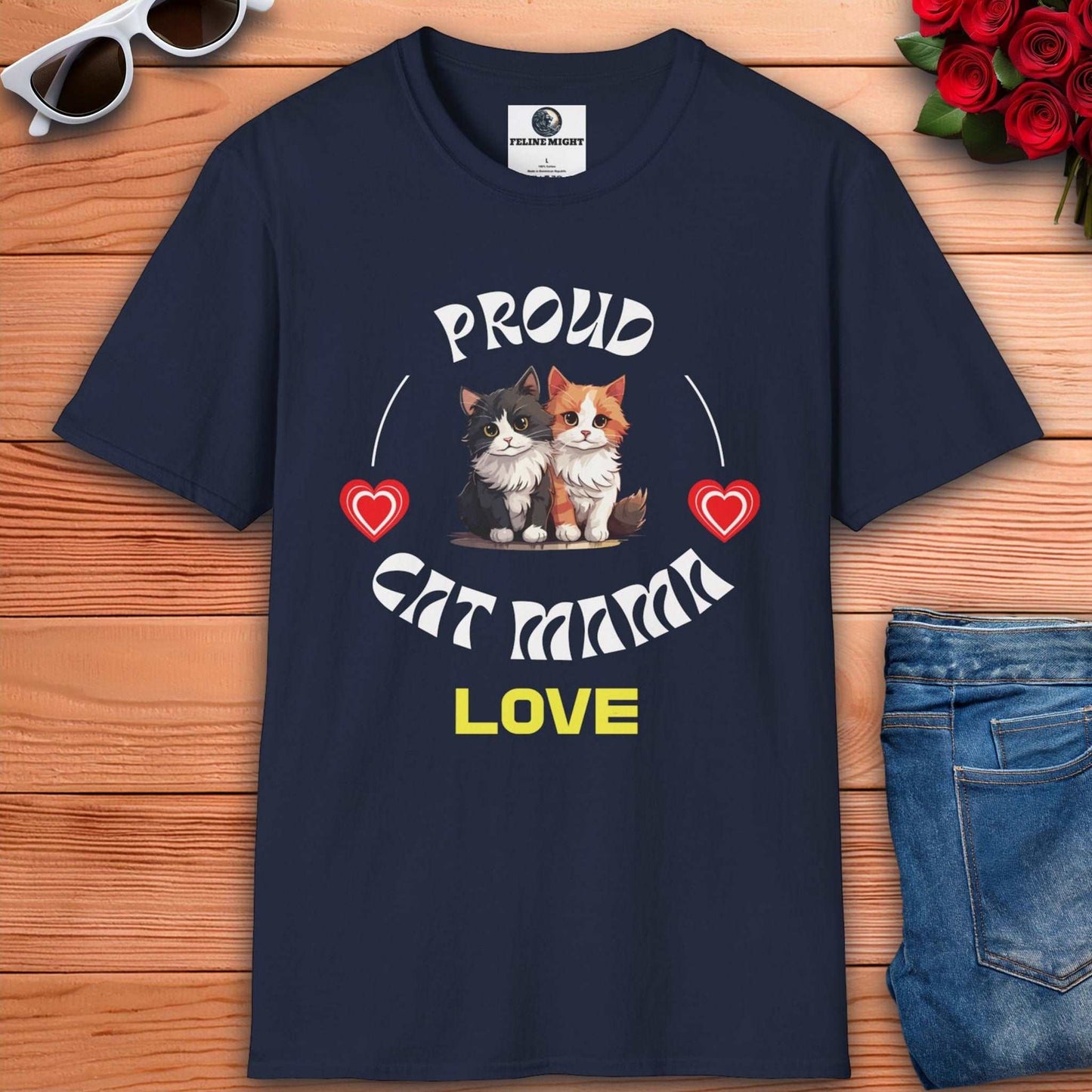 Navy blue t-shirt with 'Proud Cat Mama' design featuring two cute cats and hearts