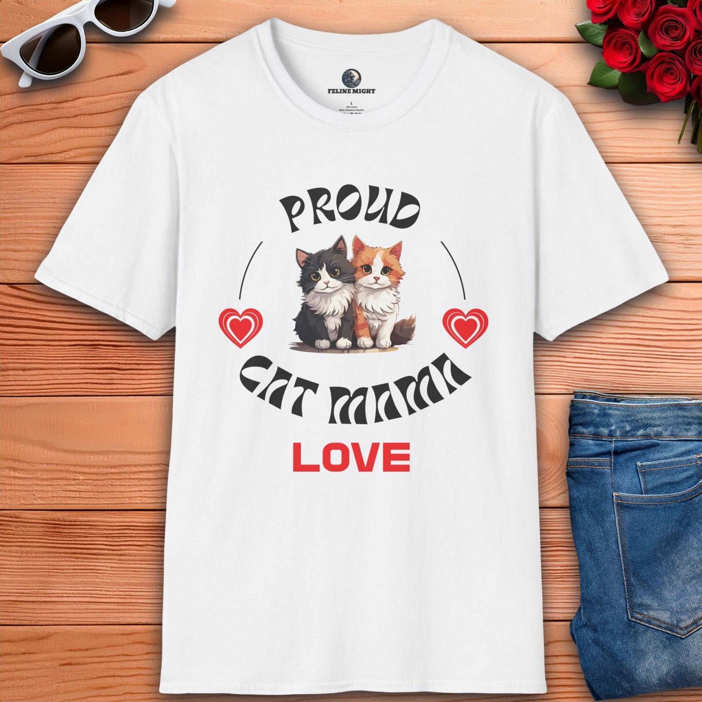 White t-shirt with 'Proud Cat Mama' design featuring two cute cats and hearts