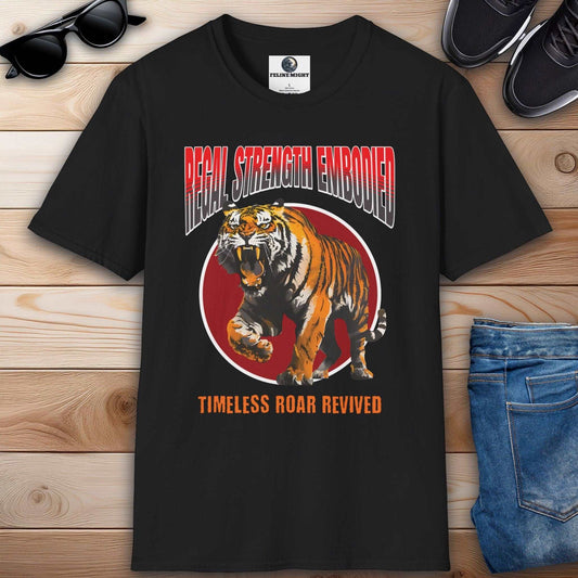 Eye-catching black t-shirt featuring a roaring tiger graphic with the text 'Regal Strength Embodied' and 'Timeless Roar Revived'