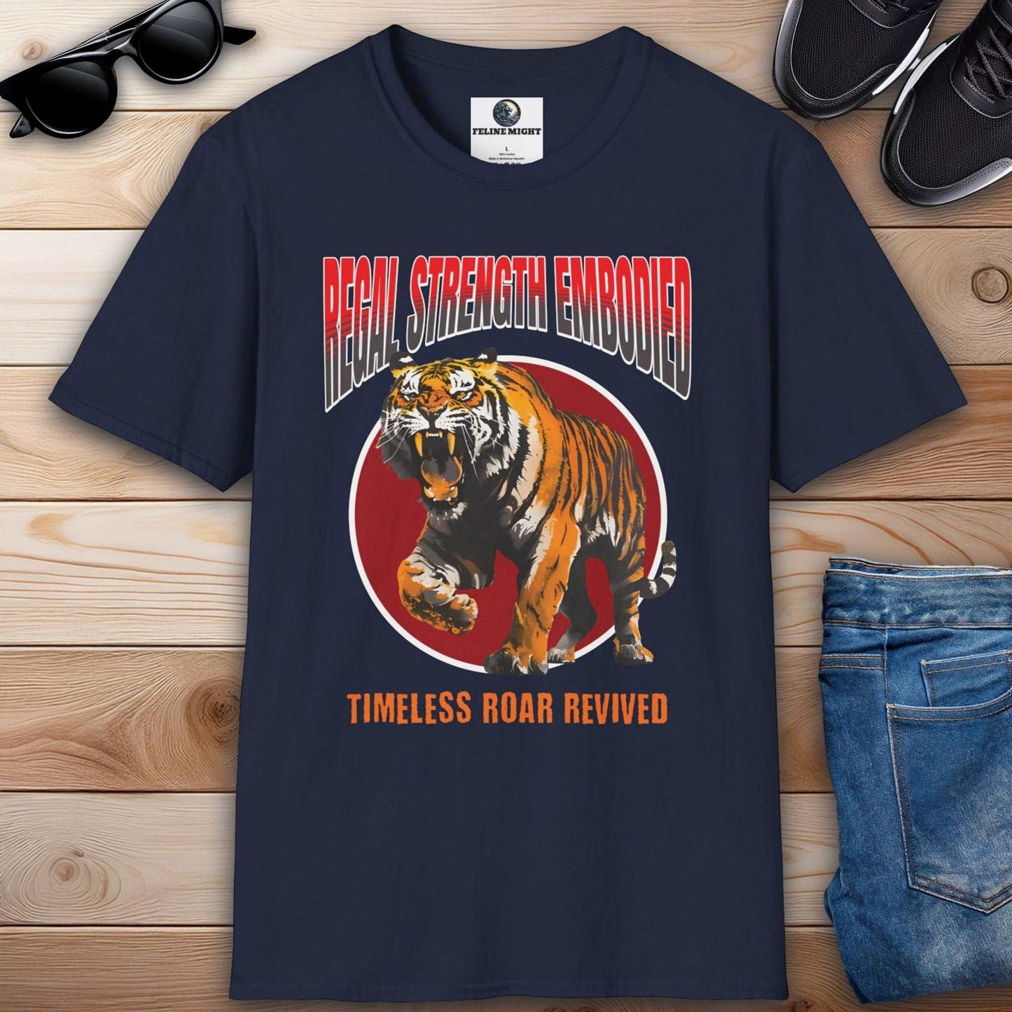 Eye-catching navy blue t-shirt featuring a roaring tiger graphic with the text 'Regal Strength Embodied' and 'Timeless Roar Revived'