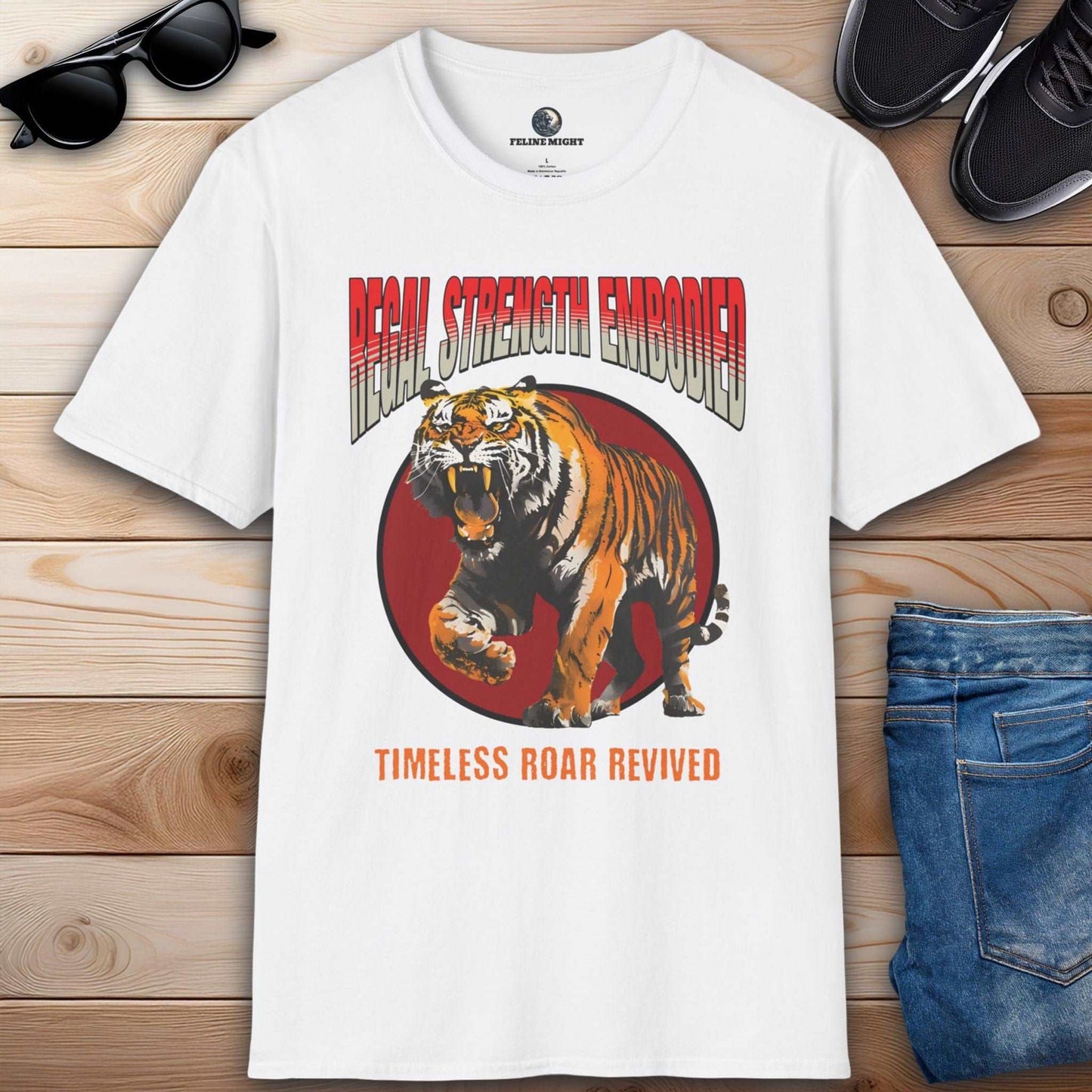 Eye-catching white t-shirt featuring a roaring tiger graphic with the text 'Regal Strength Embodied' and 'Timeless Roar Revived'