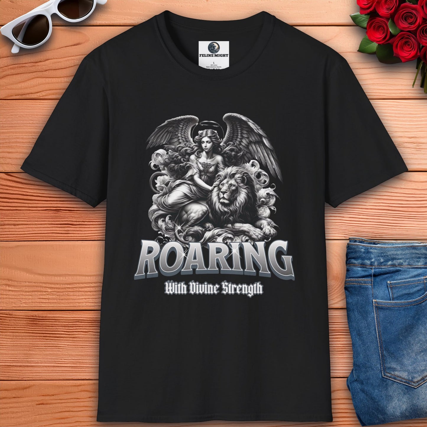 Black t-shirt featuring a roaring lion and angel design with the text 'Roaring With Divine Strength'