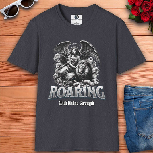 Dark heather grey t-shirt featuring a roaring lion and angel design with the text 'Roaring With Divine Strength'