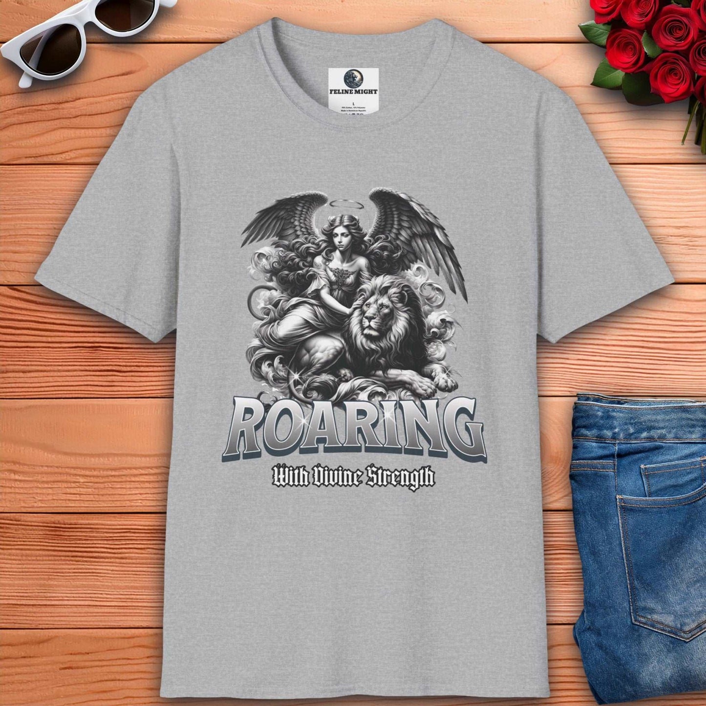 Grey t-shirt featuring a roaring lion and angel design with the text 'Roaring With Divine Strength'