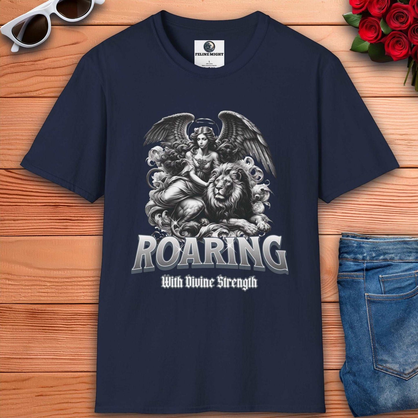 Navy blue t-shirt featuring a roaring lion and angel design with the text 'Roaring With Divine Strength'