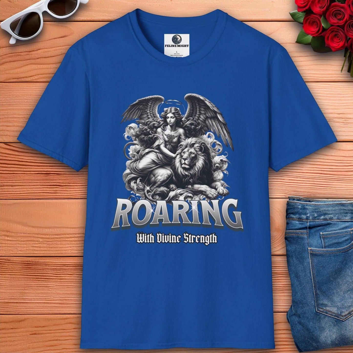 Royal blue t-shirt featuring a roaring lion and angel design with the text 'Roaring With Divine Strength'