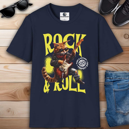 A cartoon cat dressed as a rockstar playing guitar on a stylish navy blue t-shirt