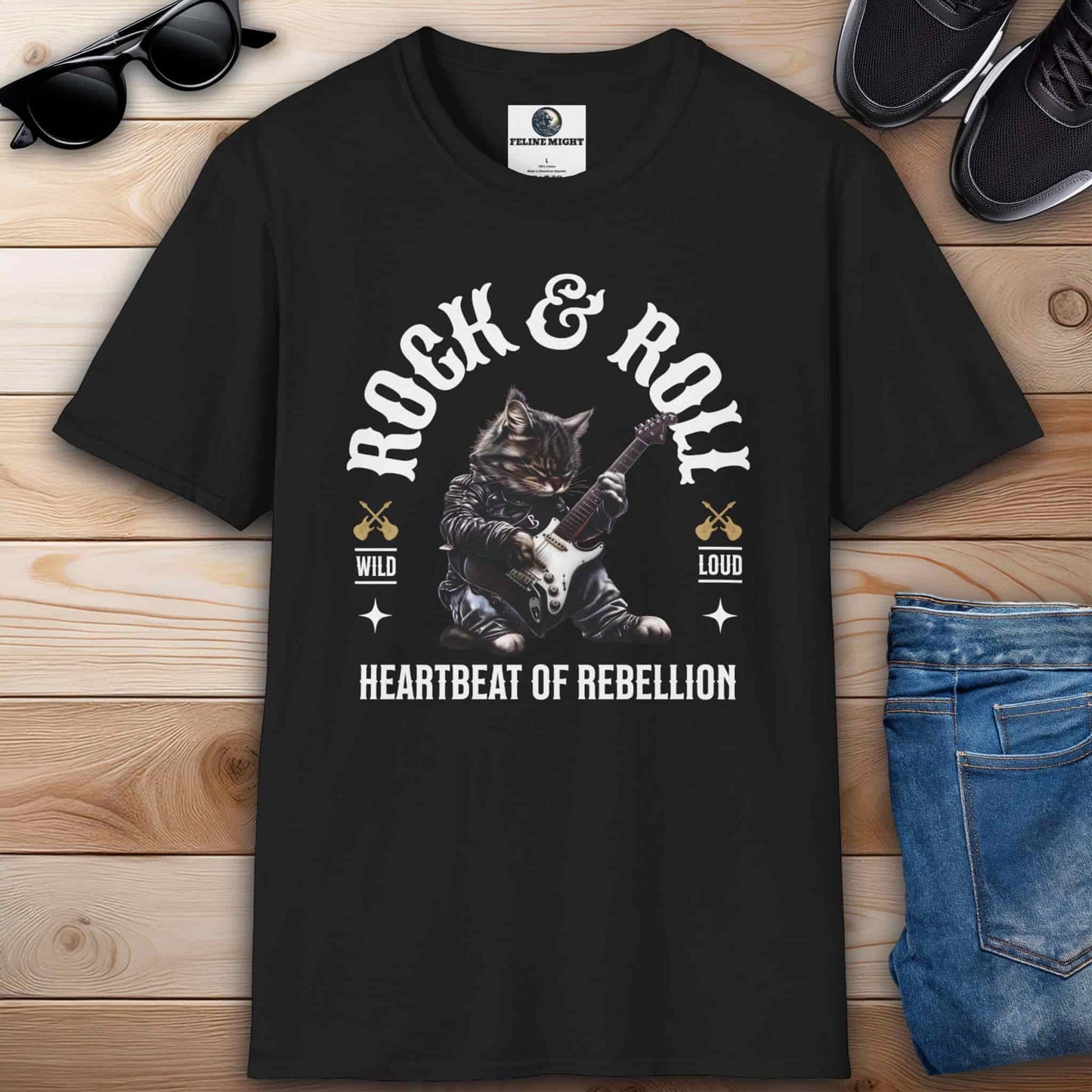 Black t-shirt featuring a cat playing guitar with 'Rock & Roll' text.